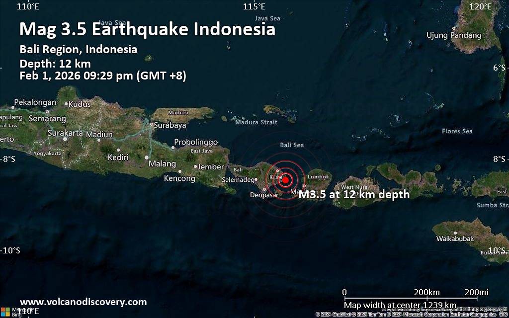 Small magnitude 3.5 quake hits 8 km east of Karangasem, Indonesia in the evening
