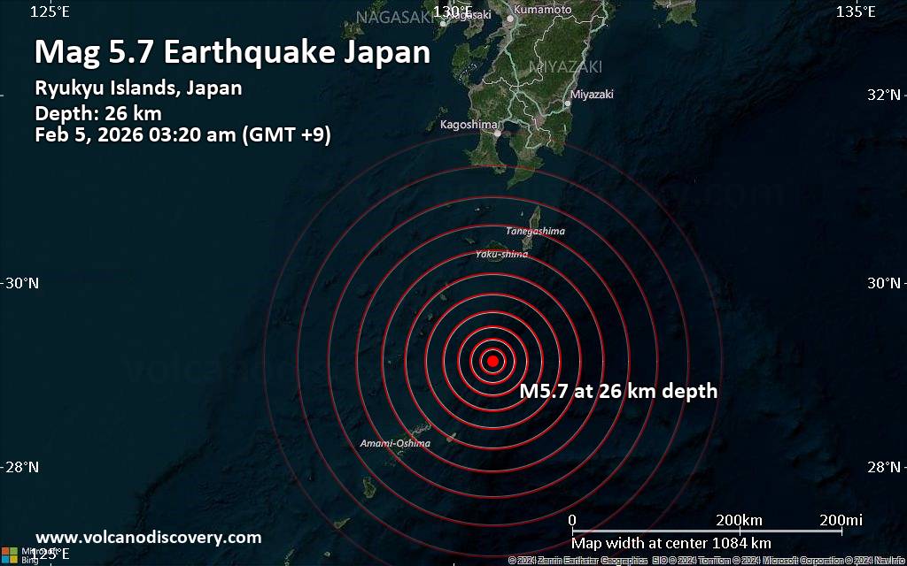 Significant magnitude 5.7 quake hits 130 km northeast of Amami, Japan early morning