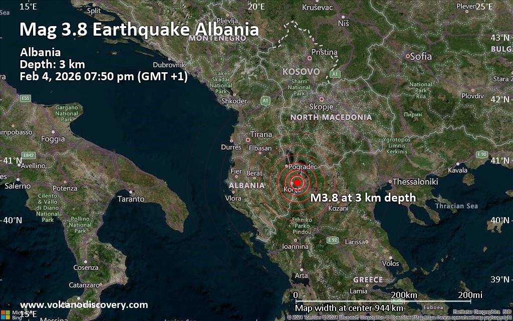 Magnitude 3.8 earthquake strikes near Korce, Bashkia Korçë, Qarku i Korces, Albania