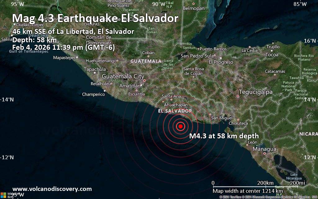 Sismo M 4.3: 68 km al sur de San Salvador, San Salvador, El Salvador, hace 14 minutos