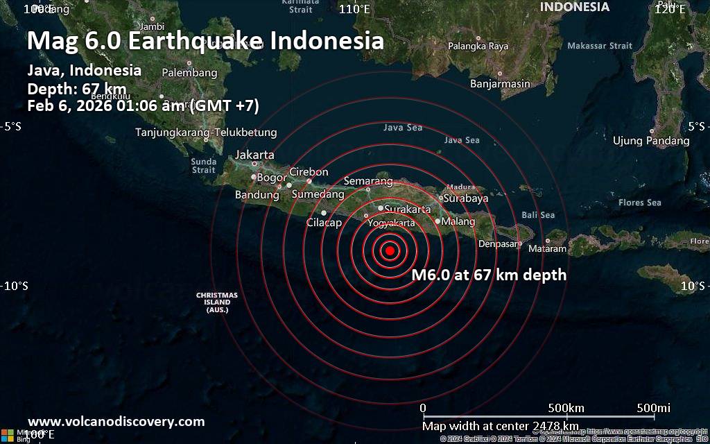 Magnitude 6.0 earthquake strikes near Ponorogo, Kabupaten Ponorogo, Jawa Timur, Indonesia