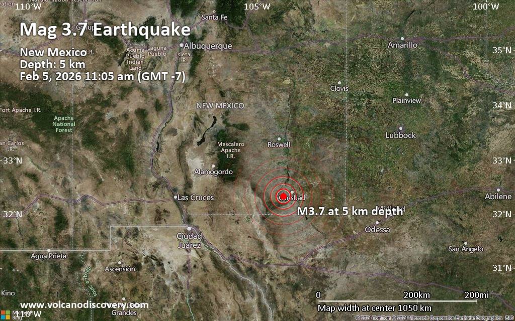 Small tremor of magnitude 3.7 just reported 13 miles southwest of Carlsbad, New Mexico, United States