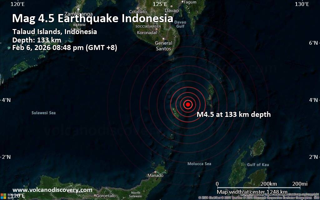 Moderate magnitude 4.5 quake hits 60 km northeast of Tahuna, Indonesia in the evening