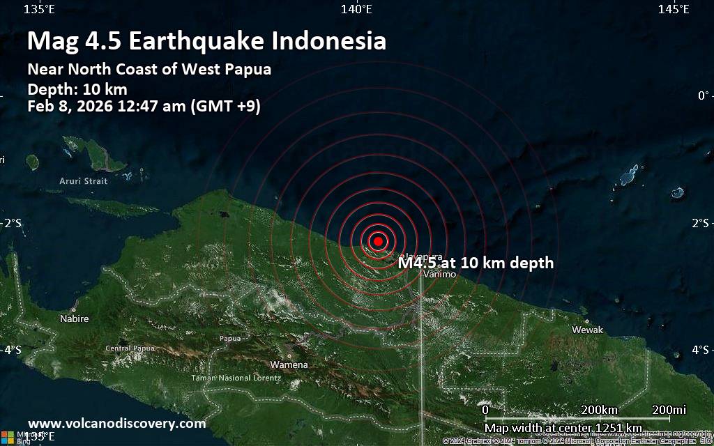 Moderate magnitude 4.5 earthquake 51 km northwest of Jayapura, Indonesia