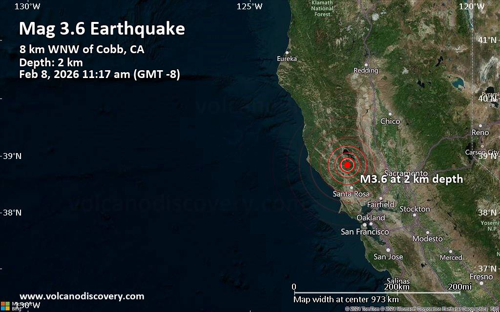 Small tremor of magnitude 3.6 just reported 29 miles north of Santa Rosa, California, United States