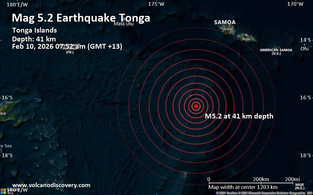 Significant earthquake of magnitude 5.2 just reported 45 km southeast of Hihifo, Tonga