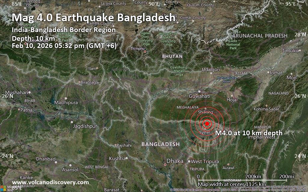 Moderate magnitude 4.0 earthquake 21 km northeast of Sylhet, Bangladesh
