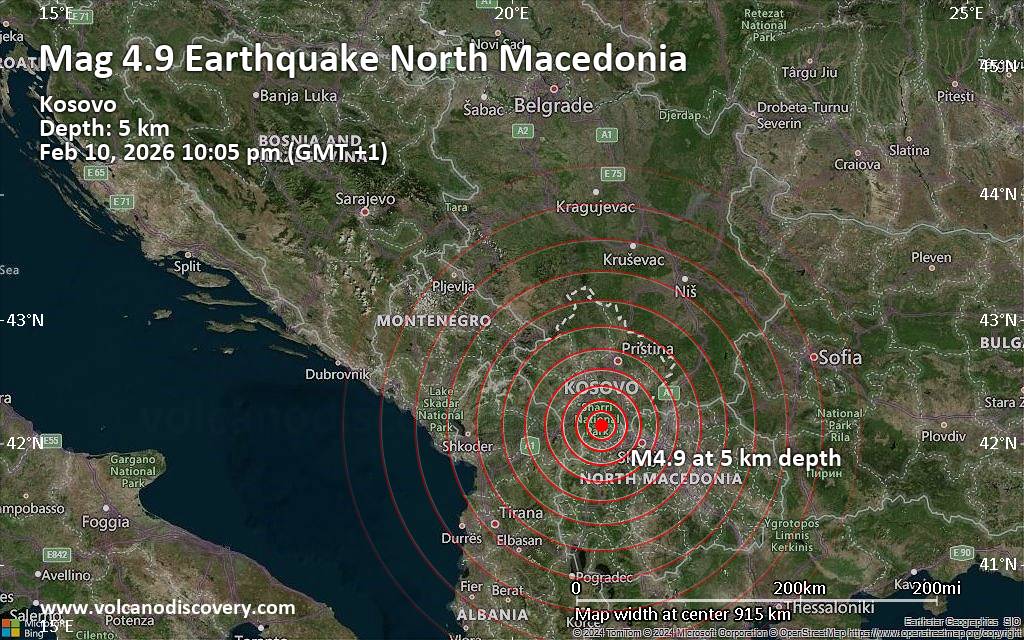 Magnitude 4.9 earthquake strikes near Tetovo, North Macedonia