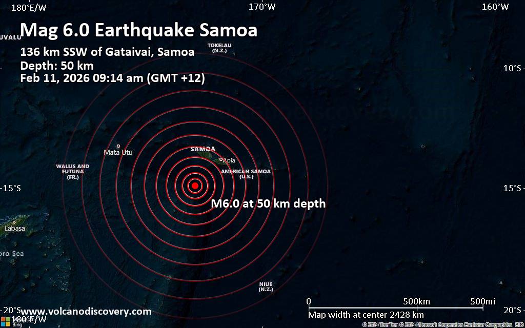 Magnitude 6.0 earthquake strikes near Taga, Palauli, Samoa