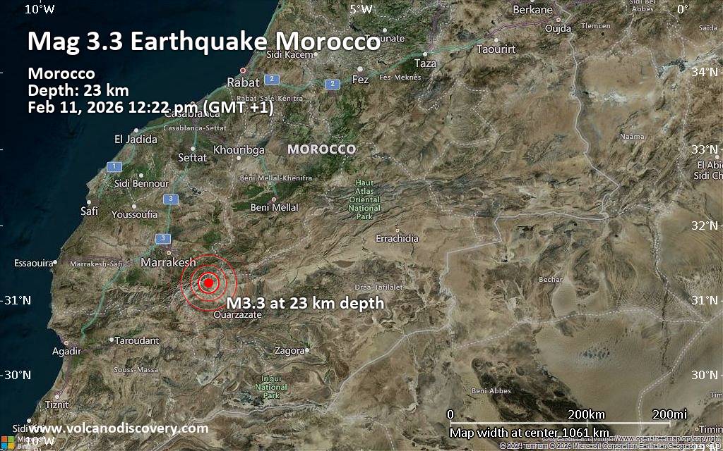 Small magnitude 3.3 earthquake 28 km east of Setti Fatma, Morocco