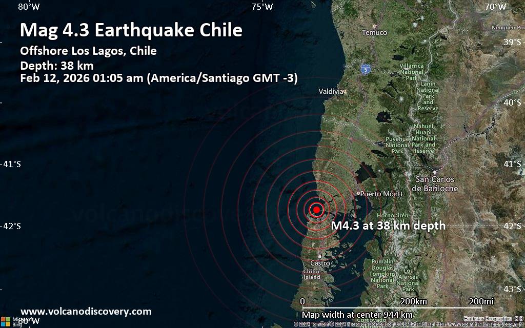 Moderate 4.3 quake hits near Ancud, Provincia de Chiloé, Region de los Lagos, Chile