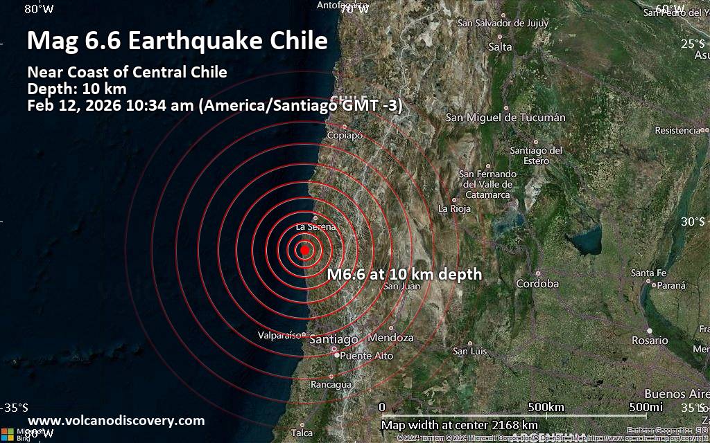 Significant earthquake of magnitude 6.6 just reported 43 km southwest of Ovalle, Chile