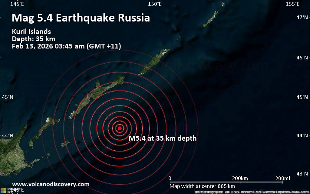 Significant magnitude 5.4 quake hits 133 km southeast of Kuril'sk, Russia early morning