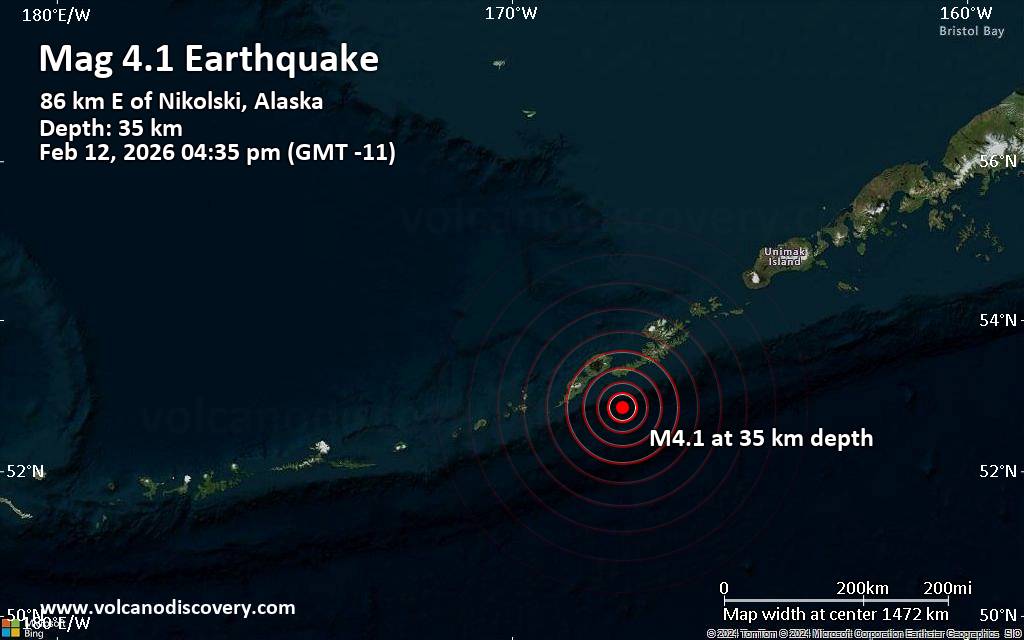 Moderate magnitude 4.1 quake hits 54 miles east of Nikolski, Alaska, United States in the afternoon