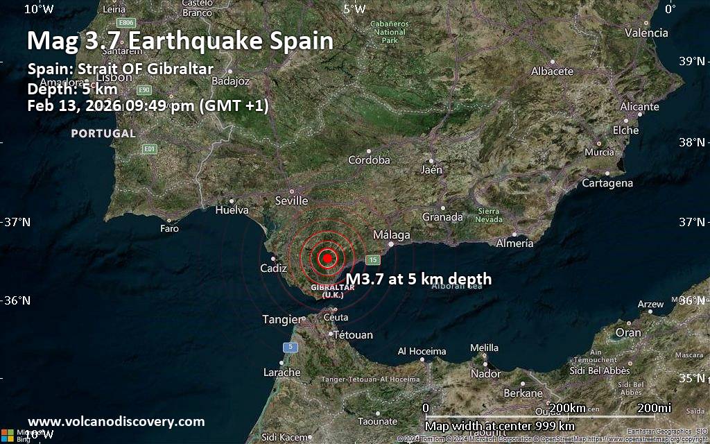 Small tremor of magnitude 3.7 just reported 29 km northwest of Estepona, Spain