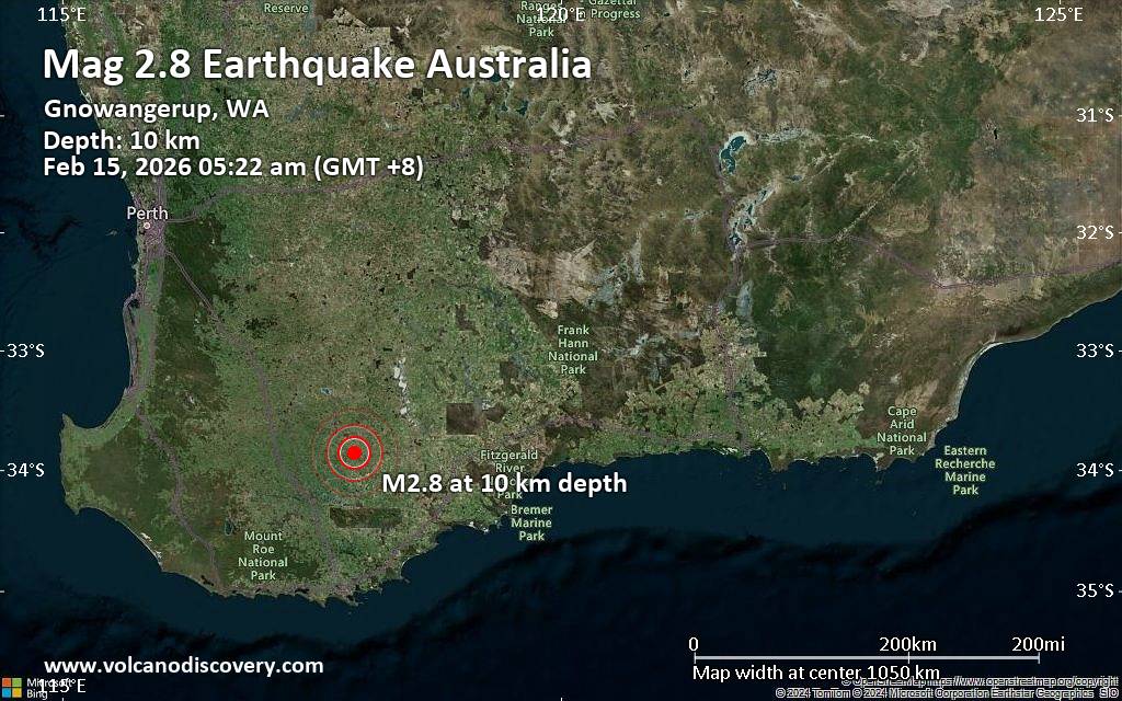 Small tremor of magnitude 2.8 just reported 24 miles southeast of Katanning, Western Australia, Australia