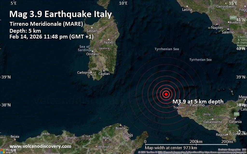 Small magnitude 3.9 earthquake 66 km northwest of Trapani, Italy