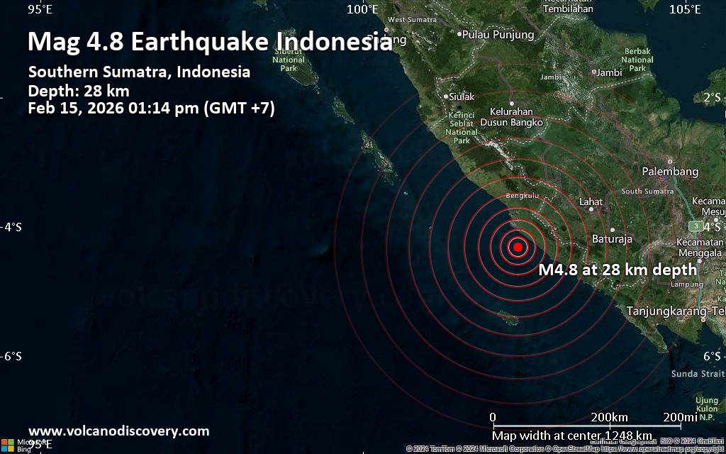 Moderate 4.8 quake hits near Bengkulu, Kota Bengkulu, Indonesia