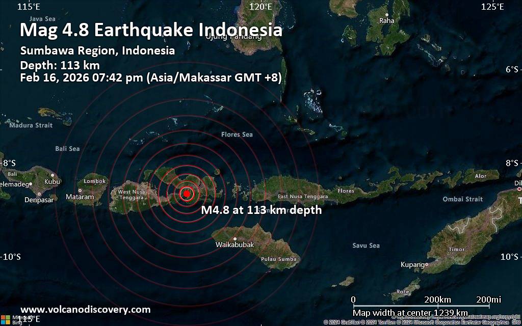 Moderate earthquake of magnitude 4.8 just reported 15 km southwest of Dompu, Indonesia
