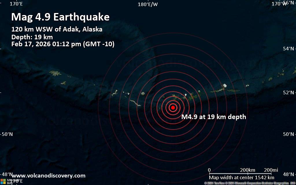 Moderate earthquake of magnitude 4.9 just reported 75 miles southwest of Adak, Alaska, United States