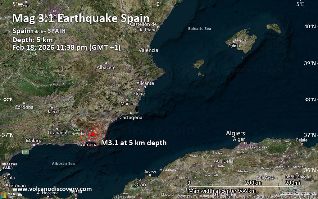 Small magnitude 3.1 quake hits 24 km northeast of Almeria, Spain late at night
