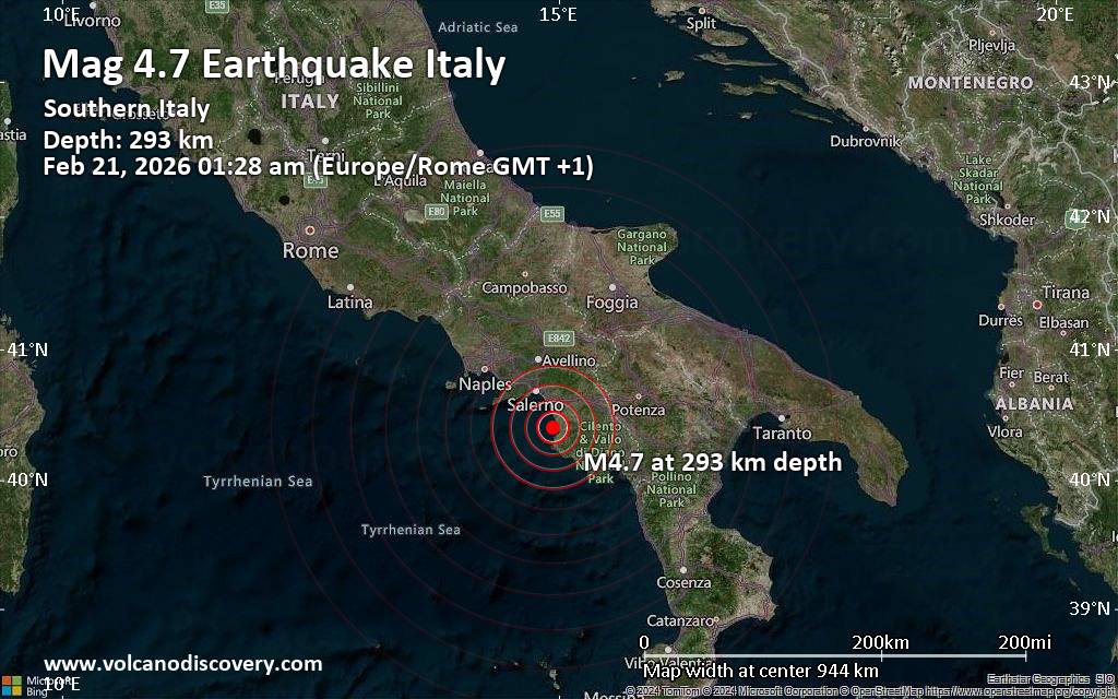 Moderate earthquake of magnitude 4.7 just reported 33 km southeast of Salerno, Italy