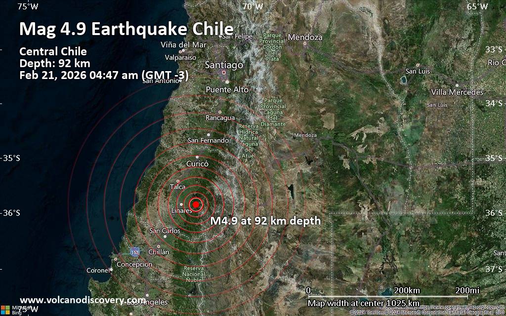 Moderate 4.9 quake hits near Linares, Provincia de Linares, Region del Maule, Chile