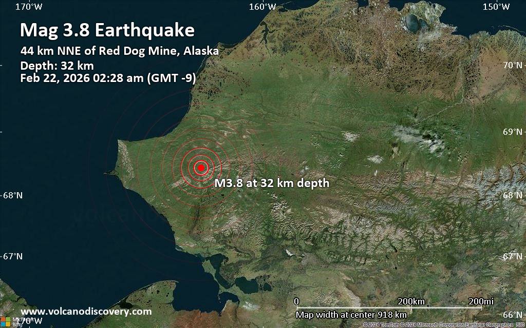 Small magnitude 3.8 earthquake 28 miles northeast of Red Dog Mine, Alaska, United States