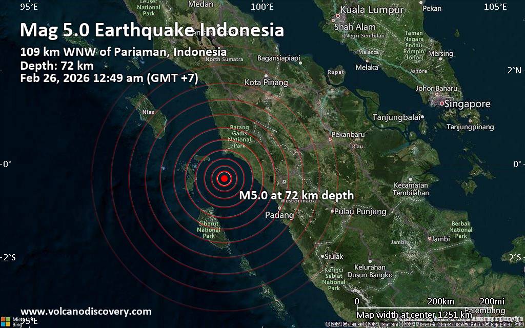 Magnitude 5.0 earthquake strikes near Pariaman, Kota Pariaman, Provinsi Sumatera Barat, Indonesia