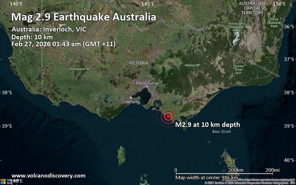 Magnitude 2.9 earthquake strikes near Inverloch, Bass Coast, Victoria, Australia