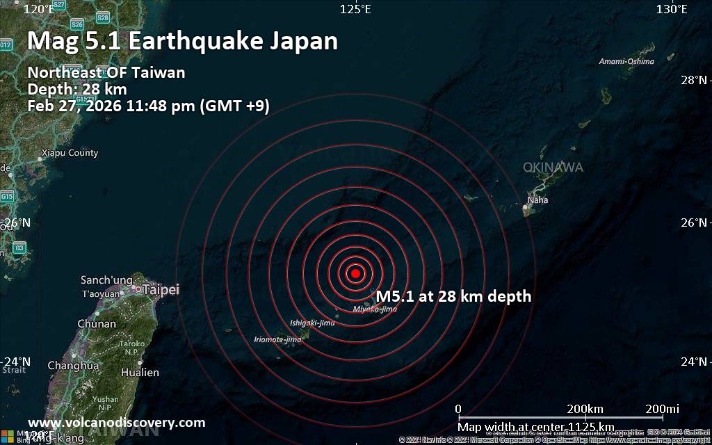 Significant magnitude 5.1 quake hits 62 km northwest of Miyakojima, Japan late at night