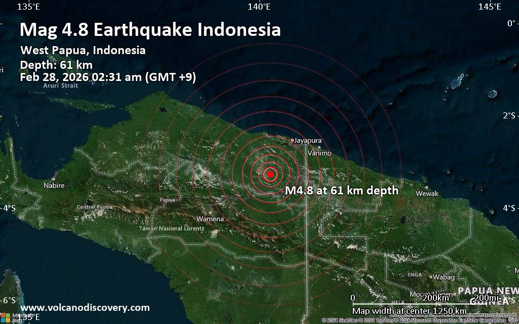 Moderate magnitude 4.8 earthquake 98 km southwest of Jayapura, Indonesia