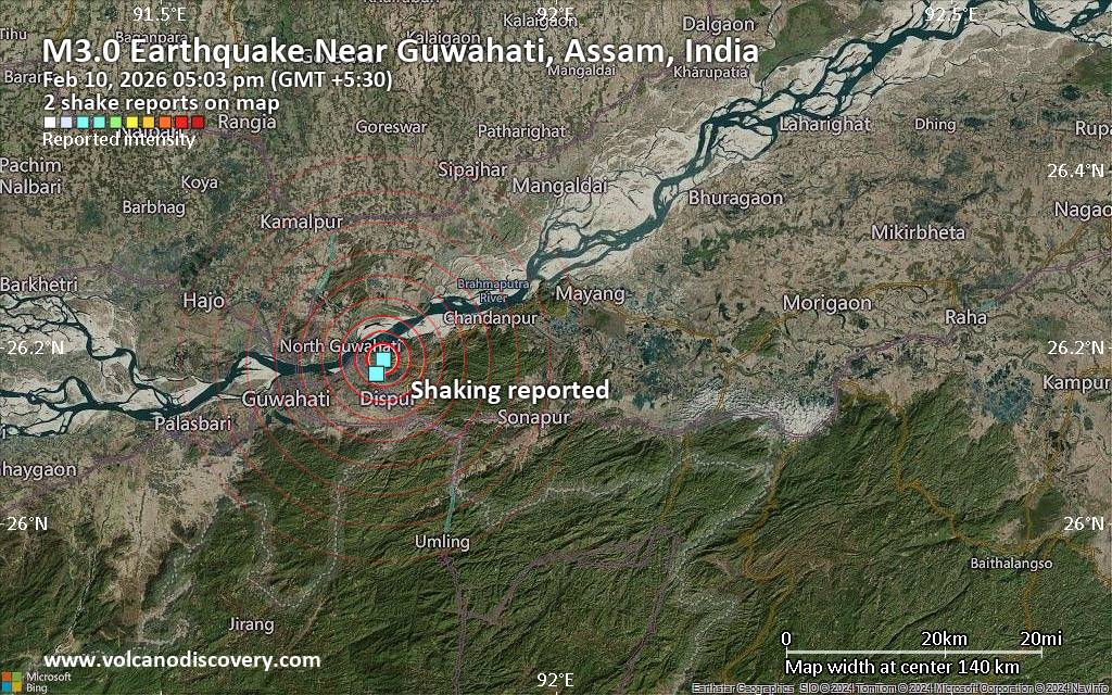 Seismic-like event, possible earthquake, reported few minutes ago near Guwahati, Assam, India