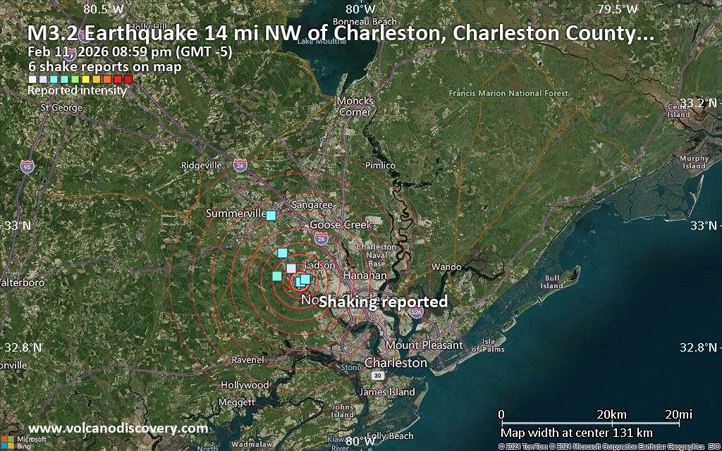 Seismic-like event, possible earthquake, reported about 10 minutes ago near Charleston, South Carolina, USA