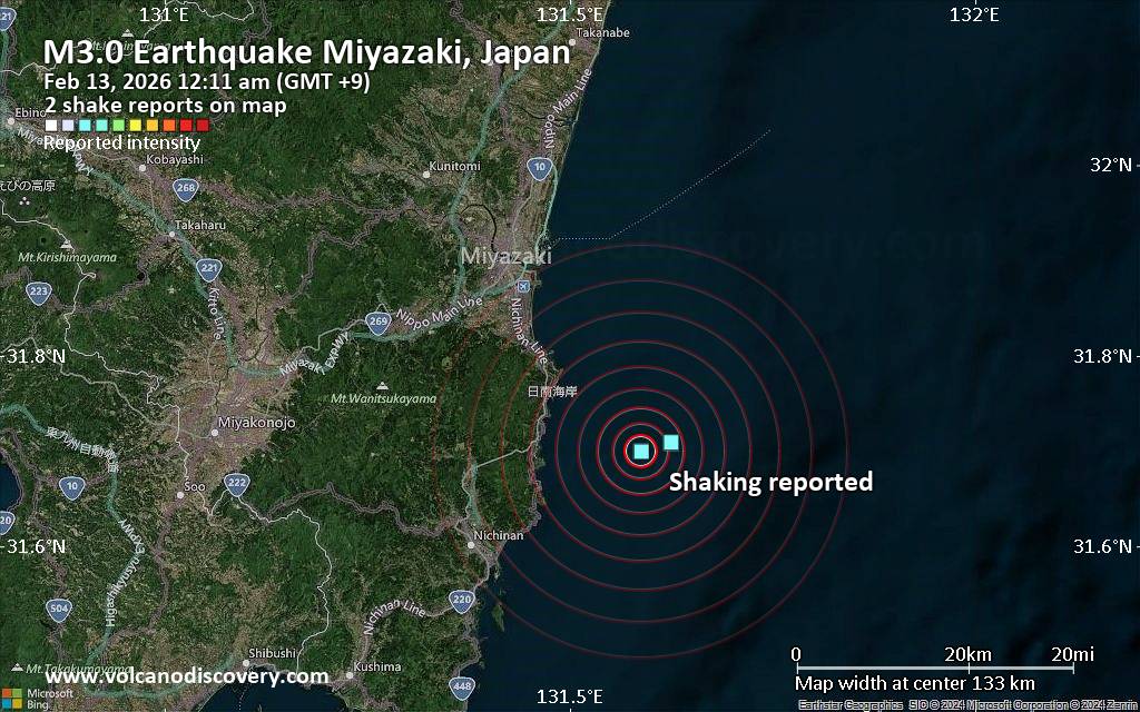 Seismic-like event, possible earthquake, reported few minutes ago near Miyazaki, Miyazaki, Japan