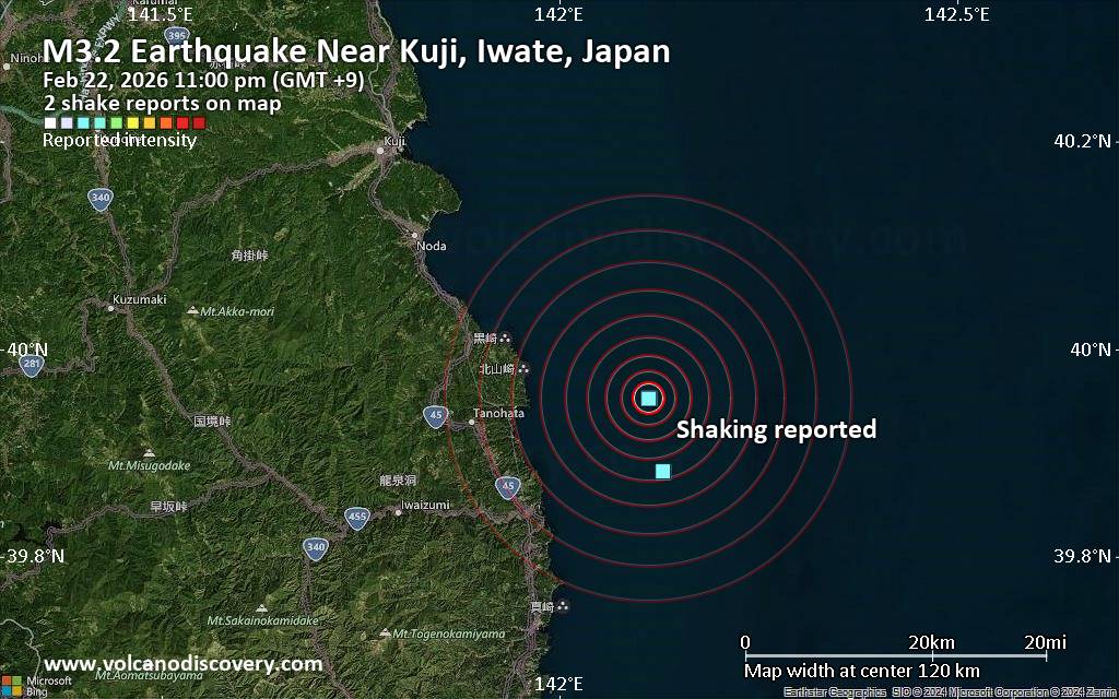 Seismic-like event, possible earthquake, reported few minutes ago near Kuji, Iwate, Japan
