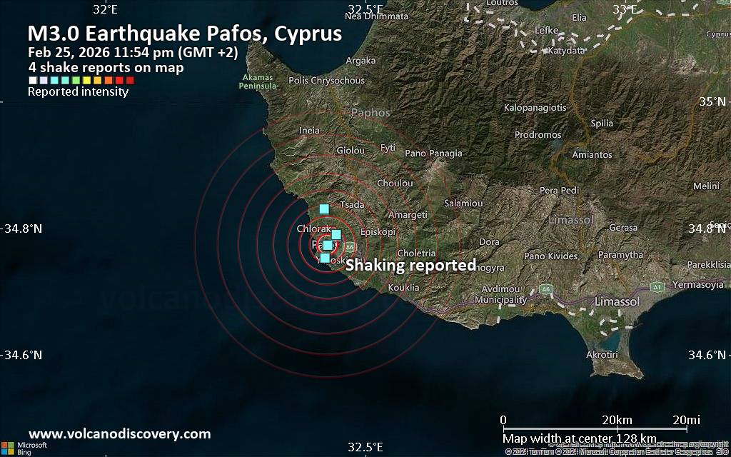 Seismic-like event, possible earthquake, reported few minutes ago near Paphos, Pafos, Cyprus