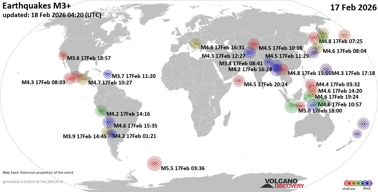 World Earthquake Report for Tuesday, 17 February 2026