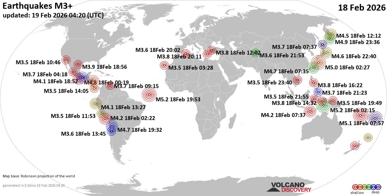 World Earthquake Report for Wednesday, 18 February 2026