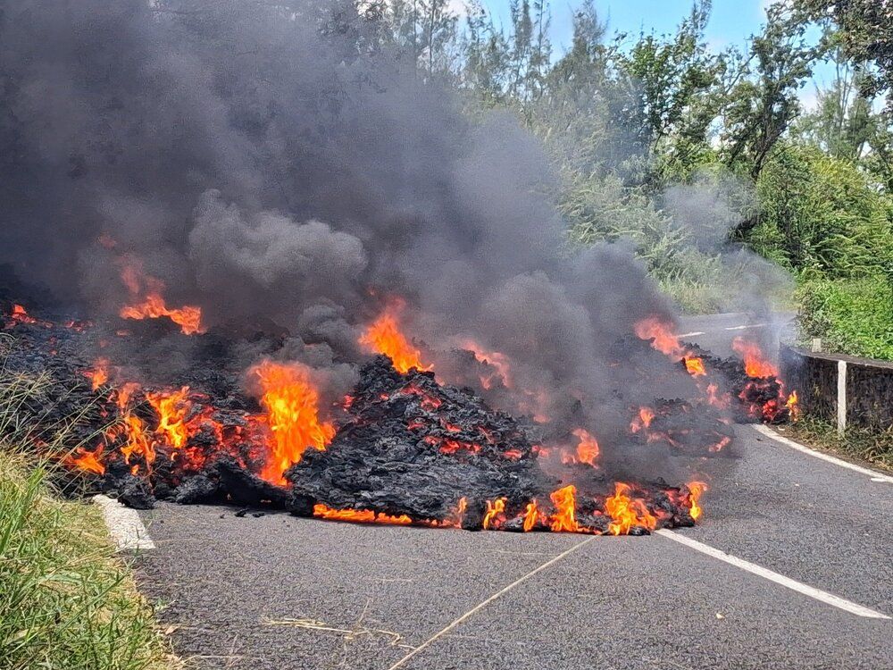 Piton de la Fournaise volcano (La Réunion): lava flow cut main road