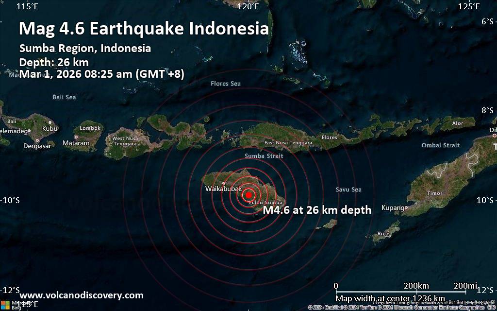 Moderate magnitude 4.6 earthquake 37 km southwest of Waingapu, Indonesia
