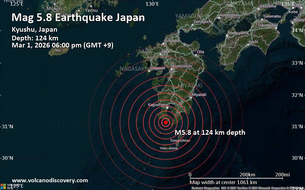 Moderate yet Deep 5.8 Quake Hits Near Kagoshima, Kagoshima Shi