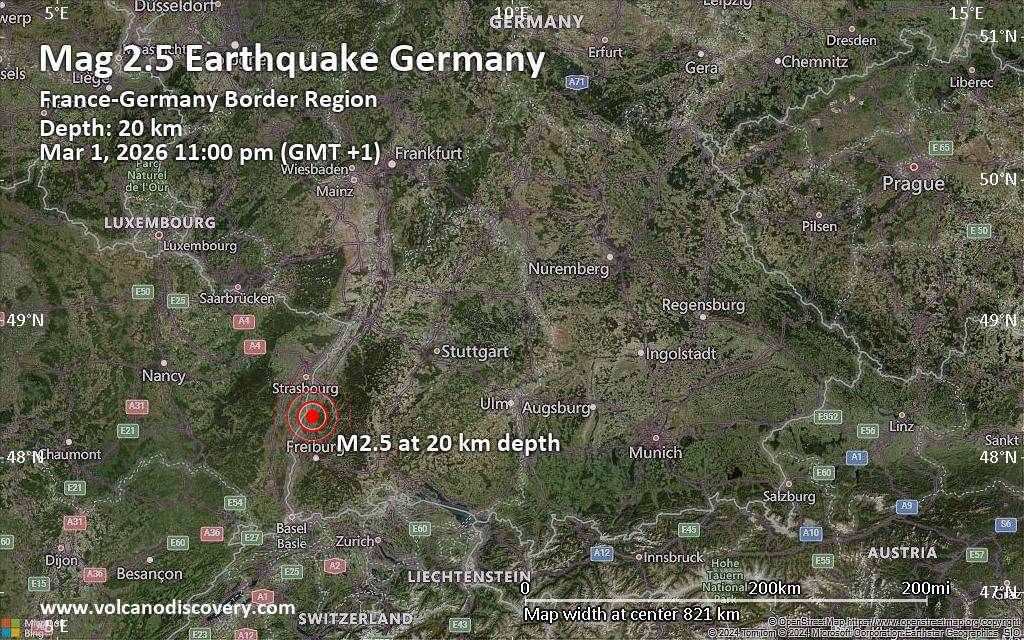 Small magnitude 2.5 quake hits 6 km southwest of Lahr, Germany late at night