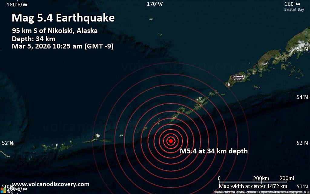 Significant magnitude 5.4 earthquake 59 miles south of Nikolski, Alaska, United States