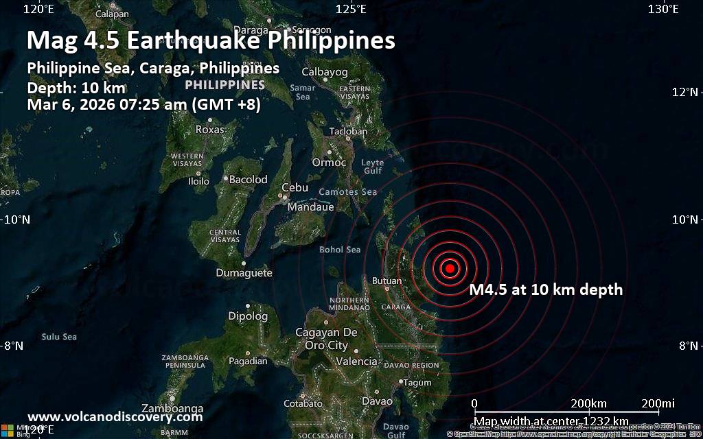 Magnitude 4.5 earthquake strikes near Tandag, Surigao del Sur, Caraga, Philippines