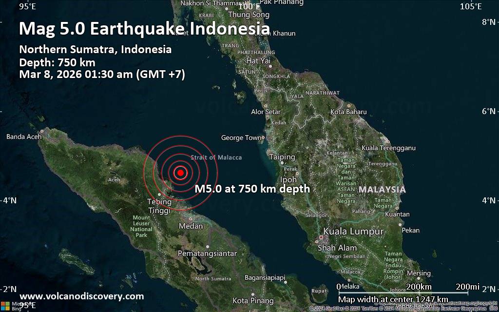 Moderate yet deep magnitude 5.0 quake hits 56 km northeast of Langsa, Indonesia early morning