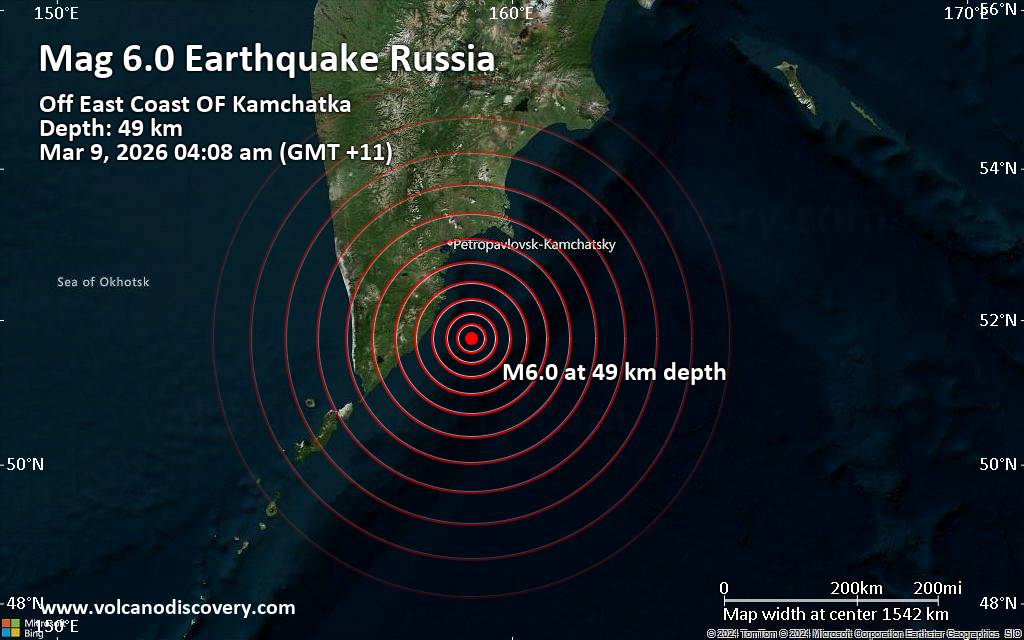 Significant magnitude 6.0 quake hits 150 km southeast of Petropavlovsk-Kamchatskiy, Russia early morning
