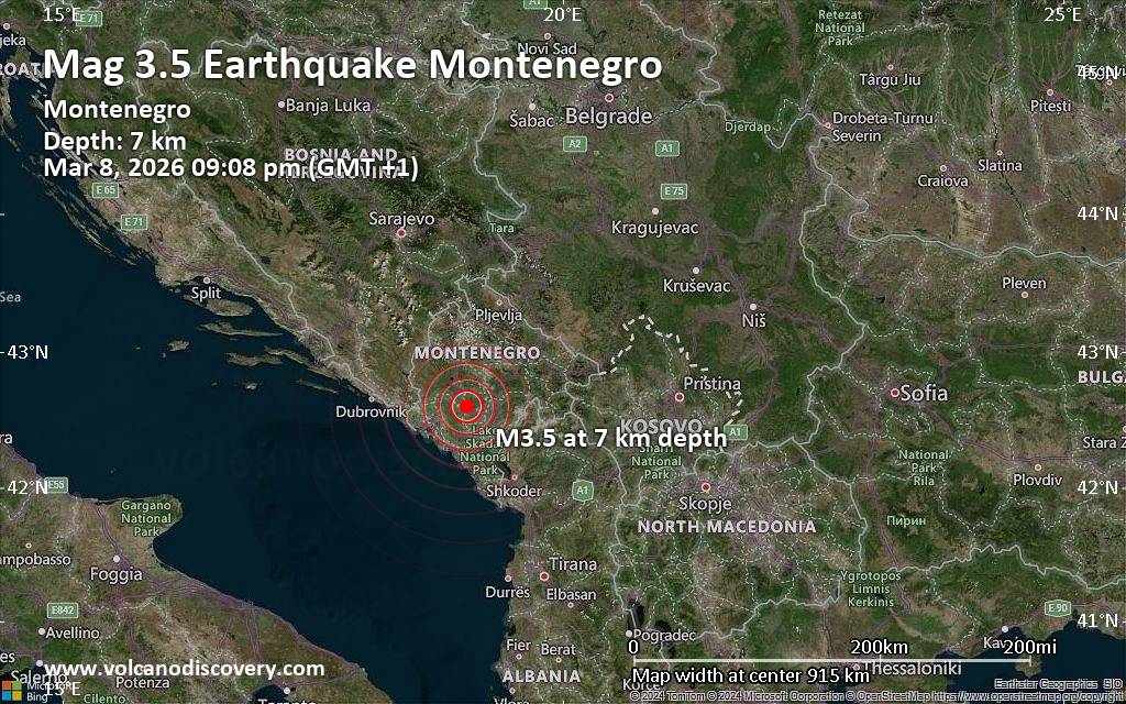 Small magnitude 3.5 quake hits 26 km northwest of Podgorica, Montenegro in the evening