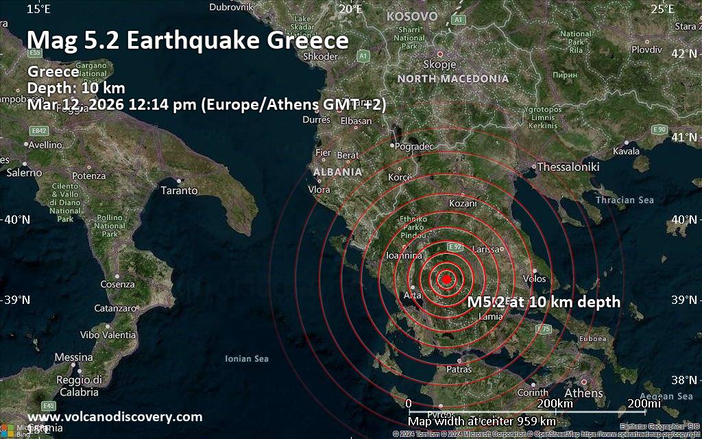 Significant magnitude 5.2 earthquake 39 km southwest of Trikala, Greece