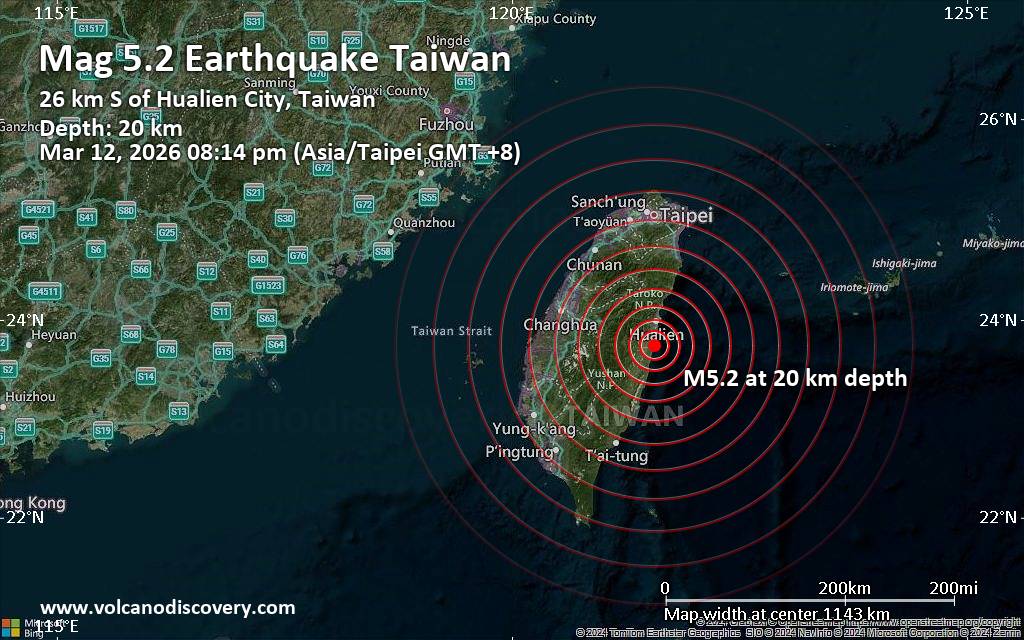Significant magnitude 5.2 earthquake 26 km south of Hualien City, Taiwan